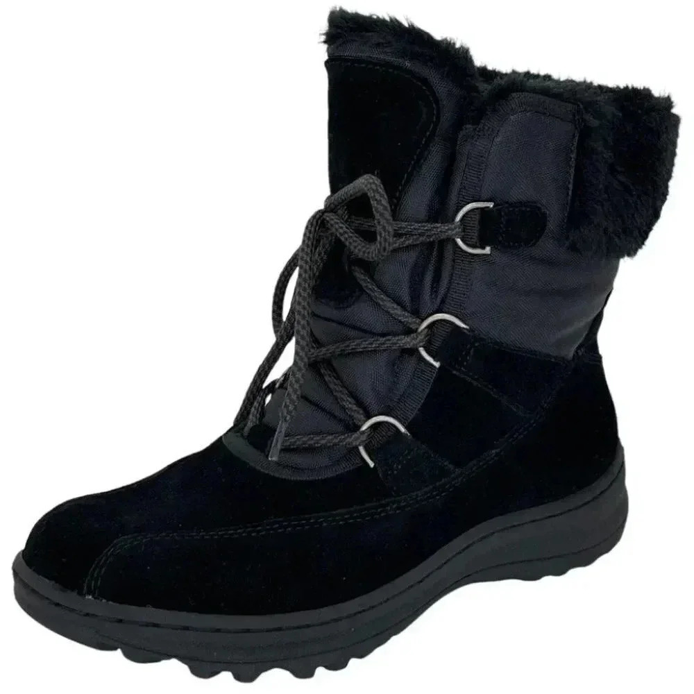 Baretraps Aero Black Leather Faux Fur Medium Width Lace Up Womens Ankle Boots